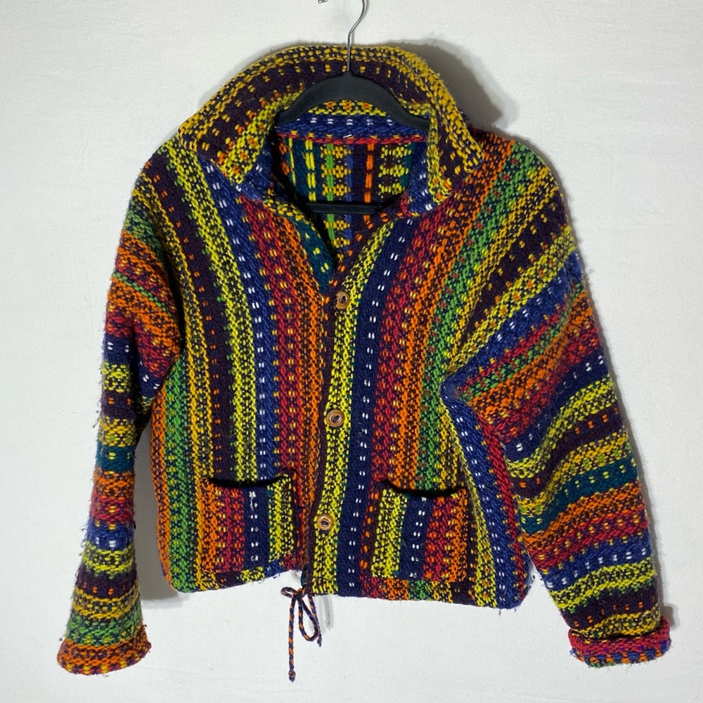 Vintage Multicolour Rainbow Striped Knit Wool Cardigan Jacket S Boho Festival